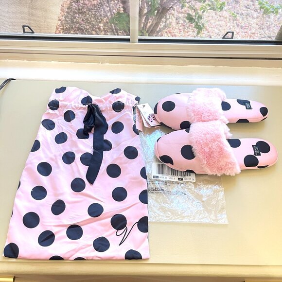 New Victoria's Secret Slippers Small 5 6 Pink Black Dot Satin Faux Fur NWT - Picture 2 of 10